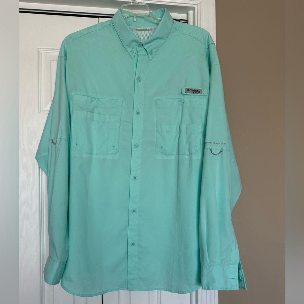 Men’s Columbia PFG Light Teal Green Button Up Shirt w/Roll-Up Sleeves, Sz XL/TG
